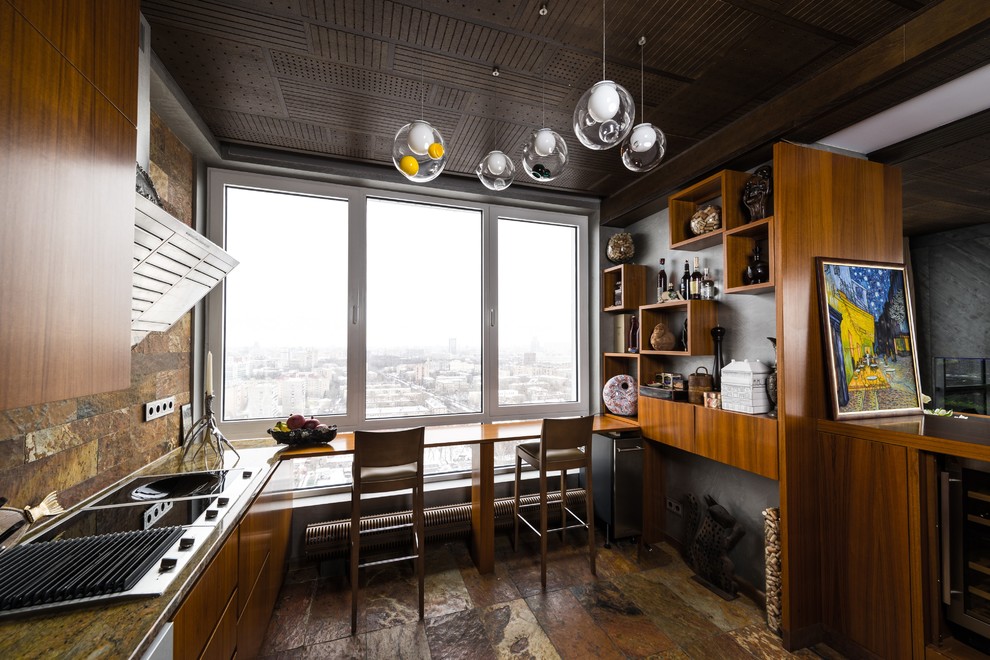 This is an example of a contemporary u-shaped open plan kitchen in Moscow with flat-panel cabinets, medium wood cabinets, brown splashback, brown floors and a breakfast bar.