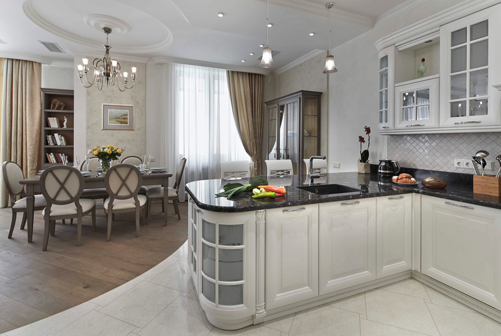 Inspiration for a medium sized traditional kitchen/diner in Moscow with porcelain flooring and beige floors.