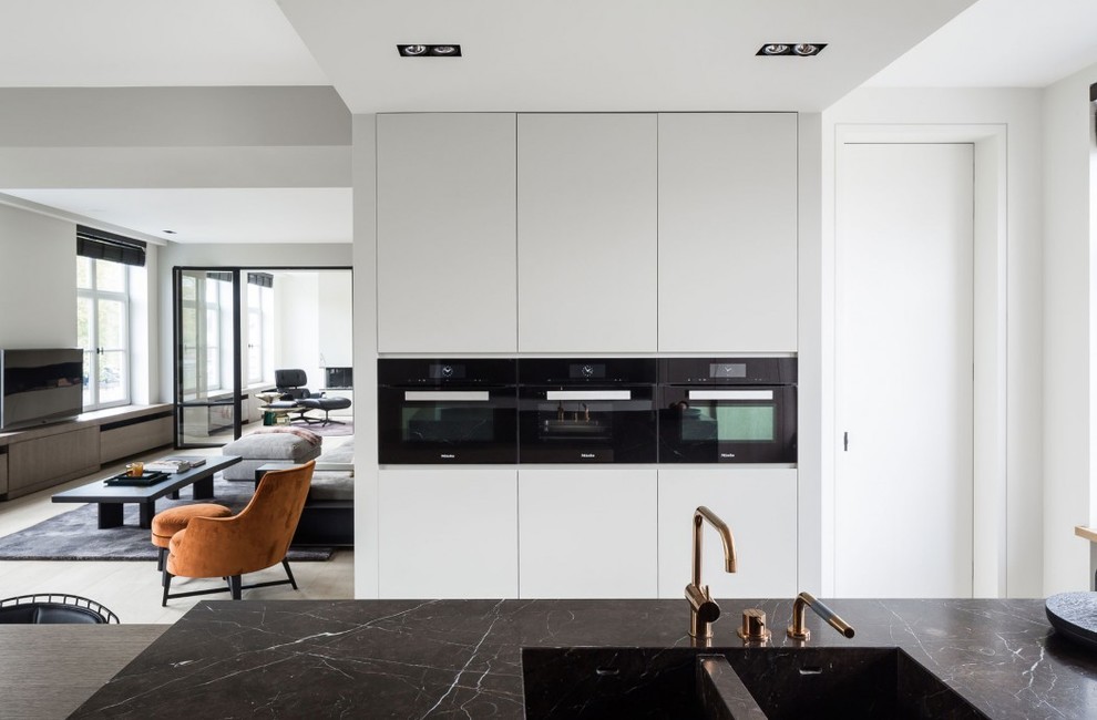 Свежая идея для дизайна: параллельная кухня-гостиная в современном стиле с двойной мойкой, плоскими фасадами, белыми фасадами, черной техникой и островом - отличное фото интерьера