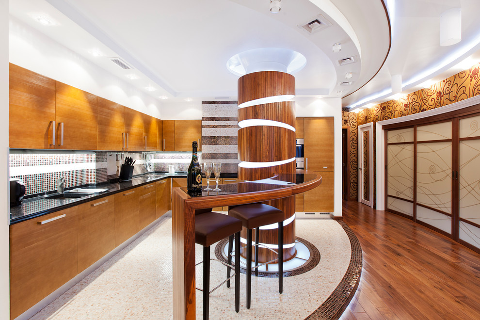 Идея дизайна: прямая кухня-гостиная среднего размера в современном стиле с плоскими фасадами и фасадами цвета дерева среднего тона