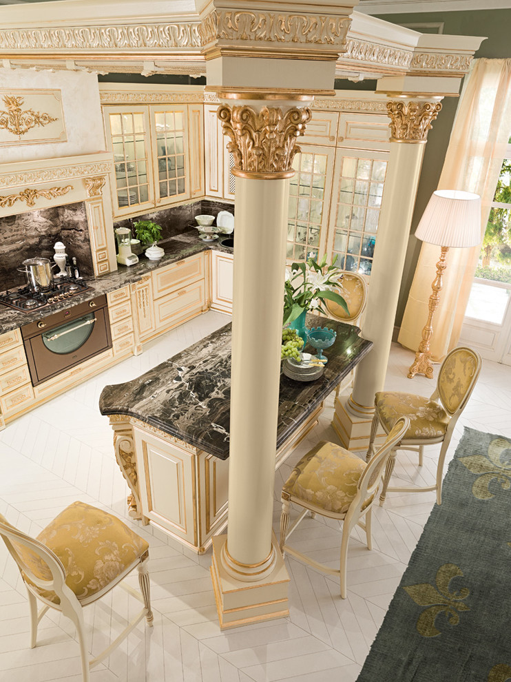 Huge ornate galley medium tone wood floor eat-in kitchen photo in Moscow with an undermount sink, raised-panel cabinets, white cabinets, marble countertops, black backsplash, stone slab backsplash, black appliances and an island