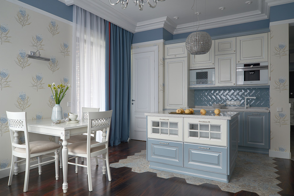 Medium sized classic single-wall kitchen/diner in Moscow with a built-in sink, raised-panel cabinets, engineered stone countertops, blue splashback, metro tiled splashback, dark hardwood flooring, an island, brown floors and blue cabinets.