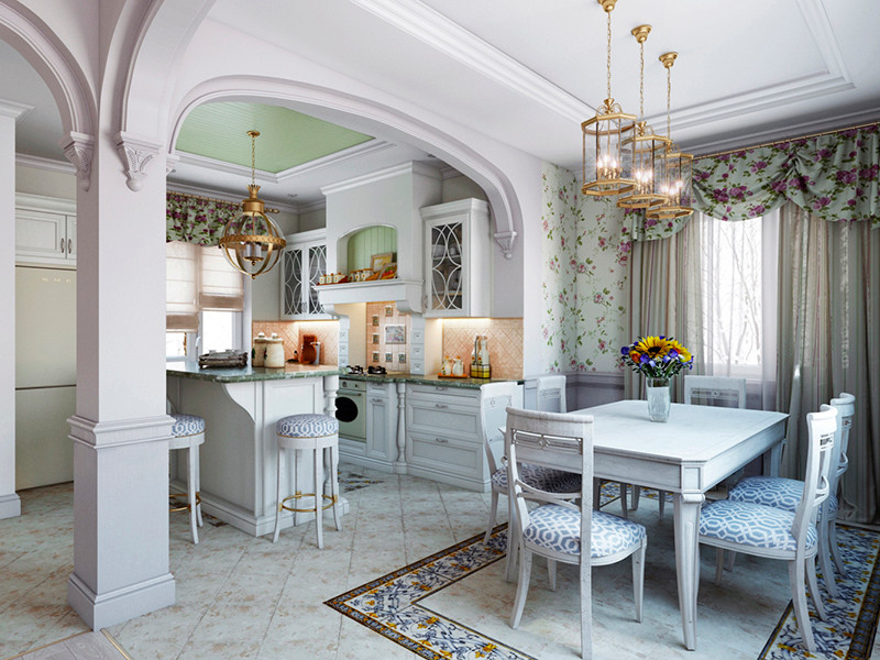 Foto di un cucina con isola centrale mediterraneo con ante bianche, top in granito, paraspruzzi beige, paraspruzzi con piastrelle in terracotta e pavimento con piastrelle in ceramica