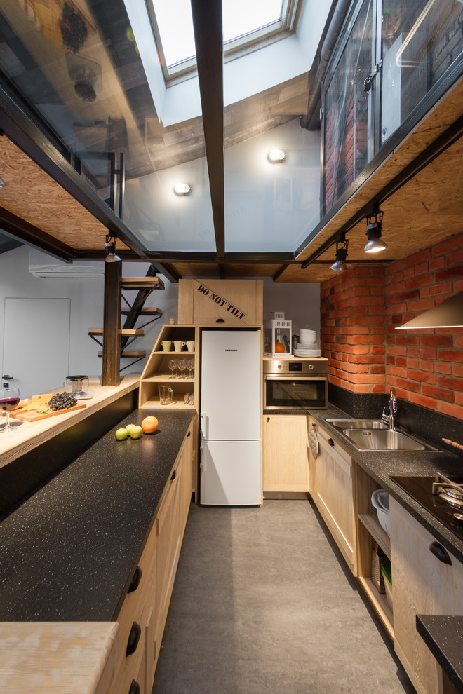 Inspiration for a mid-sized industrial u-shaped linoleum floor open concept kitchen remodel in Saint Petersburg with laminate countertops, black backsplash, a double-bowl sink, recessed-panel cabinets, light wood cabinets and a peninsula