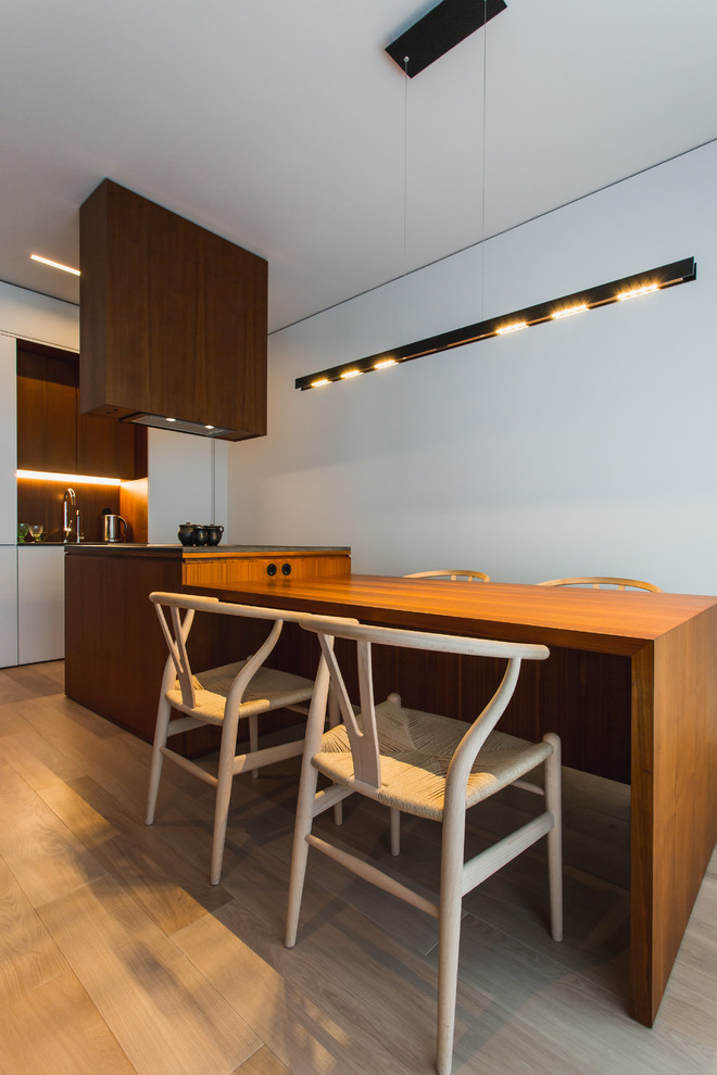 Foto de cocina contemporánea abierta con armarios con paneles lisos, suelo de madera clara y una isla