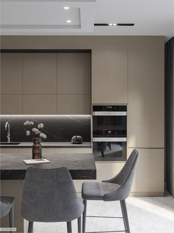 Inspiration for a large contemporary single-wall enclosed kitchen in Saint Petersburg with an integrated sink, flat-panel cabinets, beige cabinets, granite worktops, black splashback, porcelain splashback, stainless steel appliances, porcelain flooring, an island, white floors and green worktops.