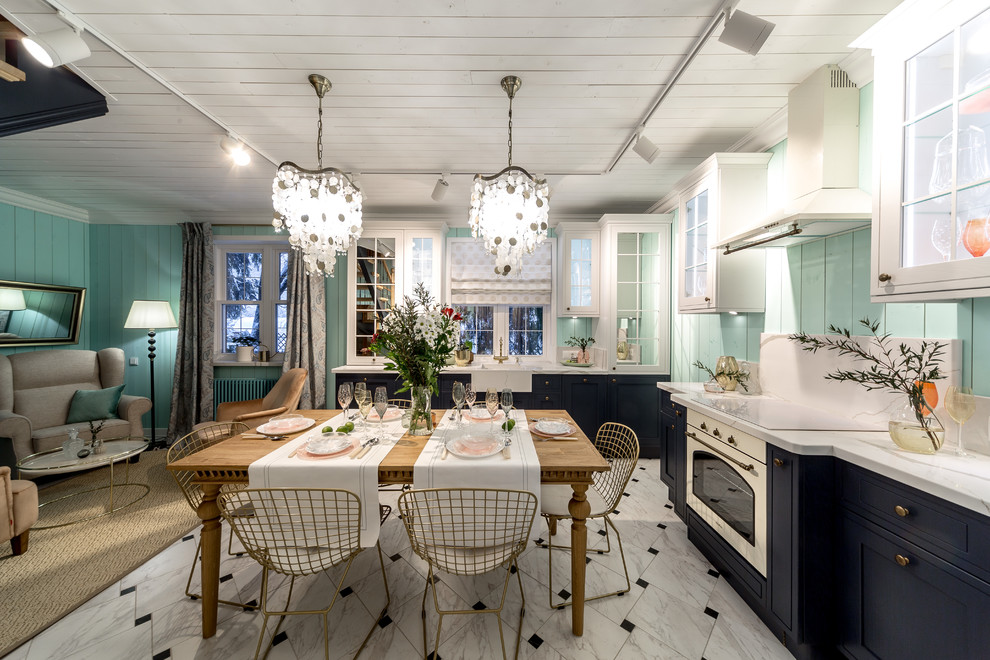 Example of a classic multicolored floor open concept kitchen design in Moscow with a farmhouse sink, no island, white countertops, glass-front cabinets, white cabinets, white backsplash, stone slab backsplash and white appliances