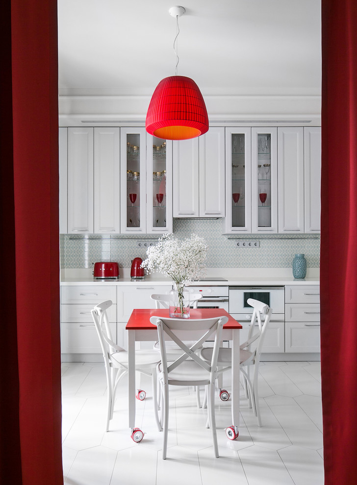 Contemporary l-shaped enclosed kitchen in Saint Petersburg with recessed-panel cabinets, white cabinets, white appliances and no island.