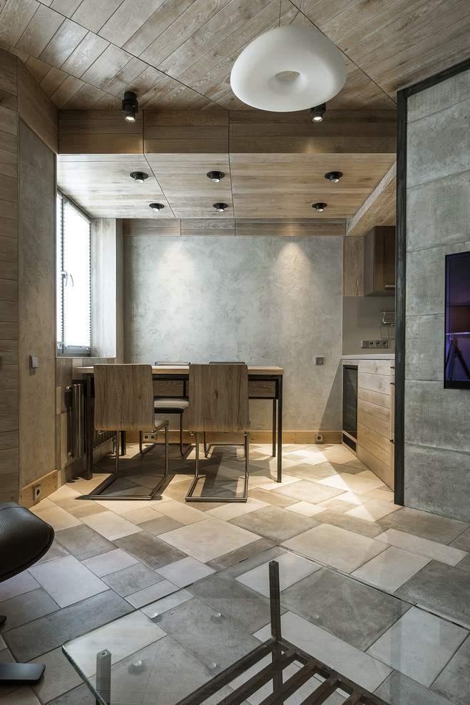 Esempio di una cucina design di medie dimensioni con pavimento con piastrelle in ceramica, pavimento grigio, ante lisce, nessuna isola e ante in legno scuro