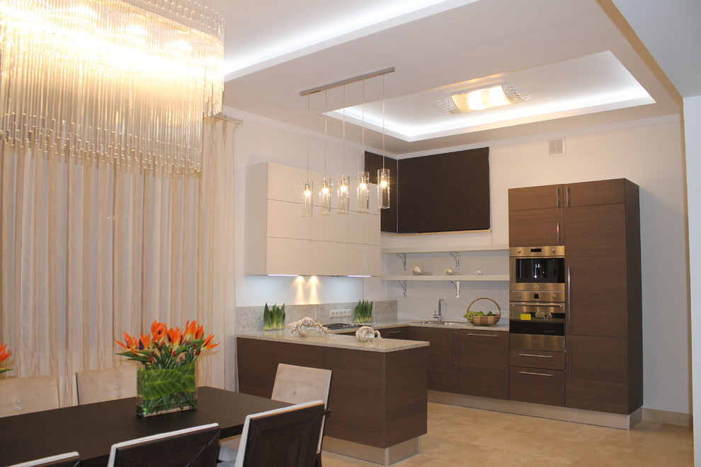Photo of a large contemporary kitchen/diner in Moscow with a submerged sink, brown cabinets, marble worktops, white splashback, stainless steel appliances, marble flooring and an island.