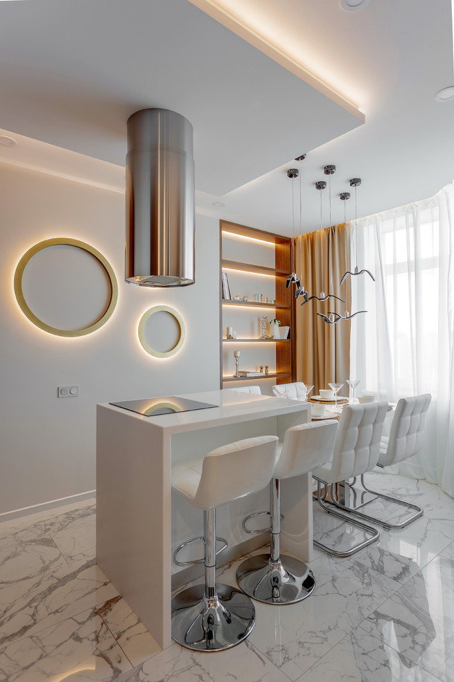Mid-sized trendy single-wall porcelain tile and white floor eat-in kitchen photo in Yekaterinburg with an undermount sink, flat-panel cabinets, medium tone wood cabinets, solid surface countertops, white backsplash, porcelain backsplash, stainless steel appliances, an island and white countertops