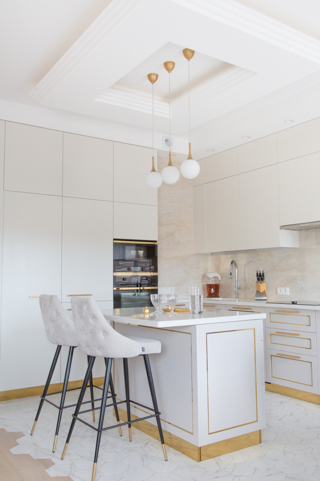 Photo of a medium sized contemporary l-shaped open plan kitchen in Saint Petersburg with a submerged sink, recessed-panel cabinets, beige cabinets, composite countertops, beige splashback, porcelain splashback, coloured appliances, ceramic flooring, an island, white floors and white worktops.