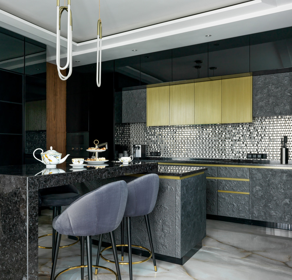 Example of a trendy gray floor and tray ceiling kitchen design in Moscow with flat-panel cabinets, gray cabinets, metallic backsplash, metal backsplash, an island and black countertops