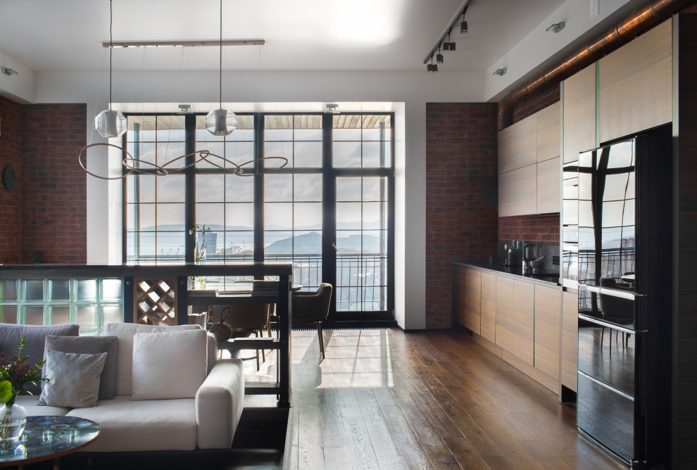 Einzeilige, Mittelgroße Moderne Wohnküche mit flächenbündigen Schrankfronten und Kücheninsel in Sonstige