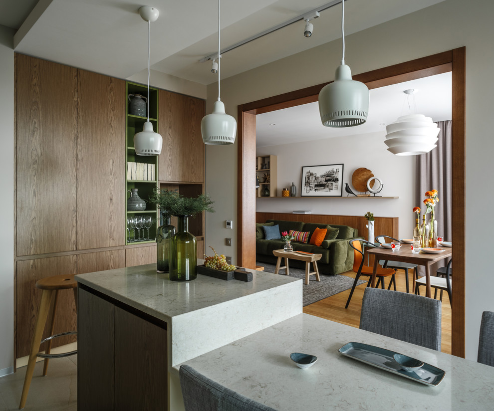 Trendy kitchen photo in Moscow with an island