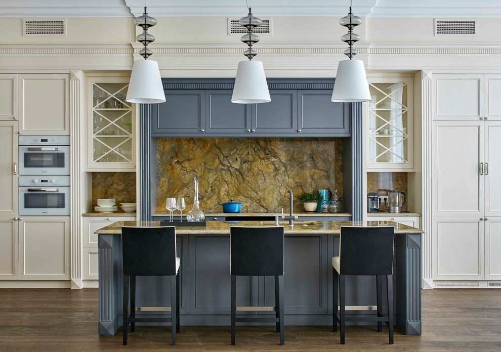 Elegant galley dark wood floor and brown floor kitchen photo in Moscow with beaded inset cabinets, blue cabinets, yellow backsplash, white appliances and an island