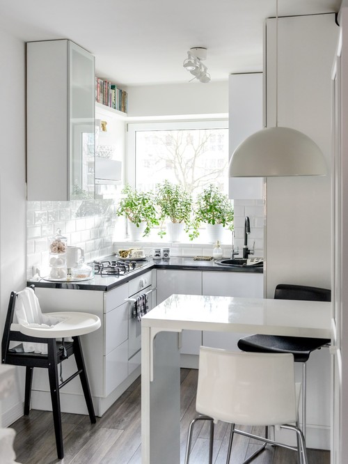 Very Small Kitchen Ideas: White Beauty with a Bold Black Countertop
