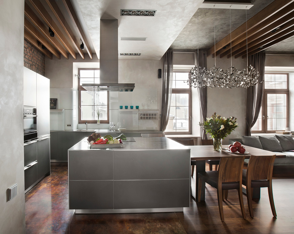 Mid-sized trendy u-shaped open concept kitchen photo in Moscow with flat-panel cabinets, gray cabinets, black appliances and an island