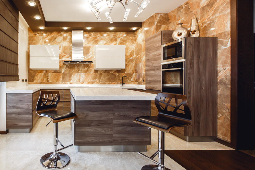 Inspiration for a mid-sized contemporary u-shaped marble floor and beige floor open concept kitchen remodel in Moscow with an undermount sink, flat-panel cabinets, white cabinets, marble countertops, multicolored backsplash, marble backsplash, paneled appliances, an island and white countertops