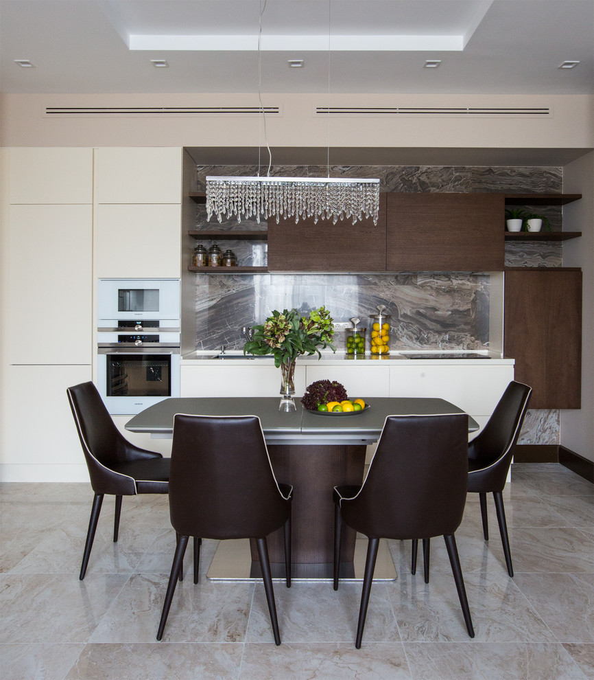 Inspiration for a medium sized contemporary single-wall open plan kitchen in Moscow with a submerged sink, flat-panel cabinets, dark wood cabinets, composite countertops, brown splashback, porcelain splashback, white appliances, porcelain flooring and beige floors.