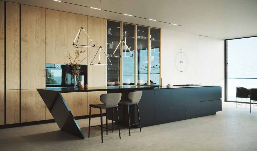 This is an example of a large contemporary galley open plan kitchen in Other with a submerged sink, flat-panel cabinets, medium wood cabinets, composite countertops, black appliances, concrete flooring, an island, grey floors and black worktops.