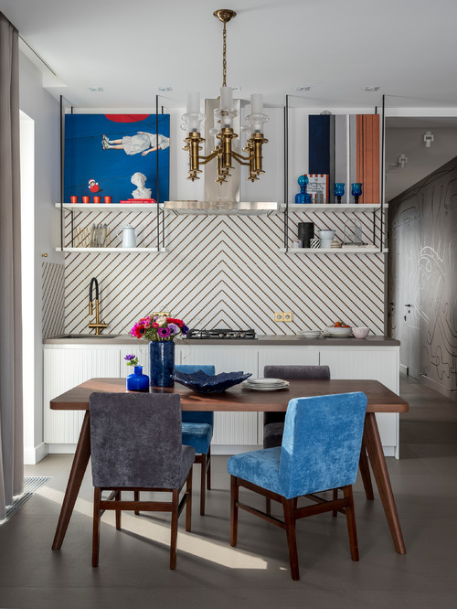 Small Kitchen Shelf Inspirations to Infuse Color into Your Kitchen Design with Black and White Backsplash