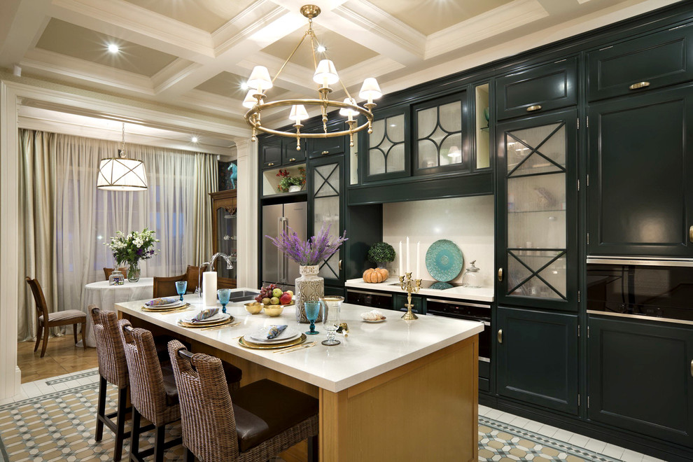 Kitchen - traditional kitchen idea in Moscow with a drop-in sink, green cabinets, white backsplash, an island and recessed-panel cabinets