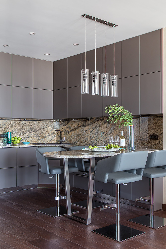 Inspiration for a contemporary u-shaped kitchen in Moscow with flat-panel cabinets, grey cabinets, brown splashback, stone slab splashback, dark hardwood flooring, a breakfast bar, brown floors and brown worktops.