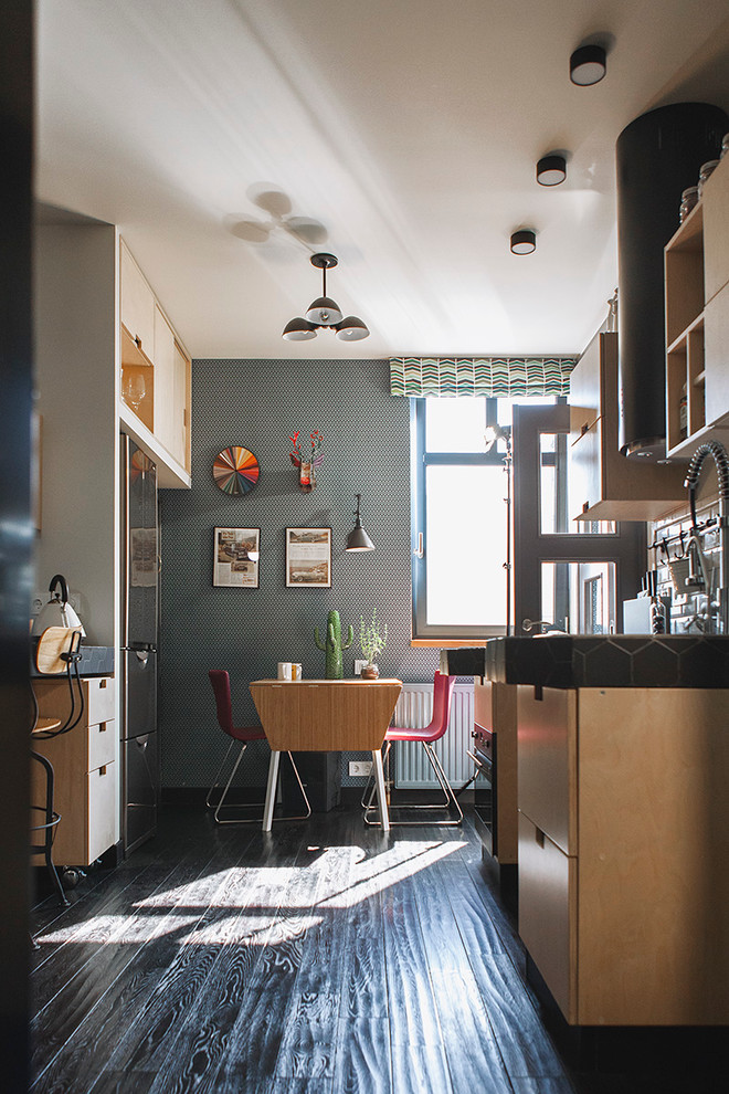 Example of an eclectic painted wood floor kitchen design in Moscow with flat-panel cabinets, light wood cabinets and no island