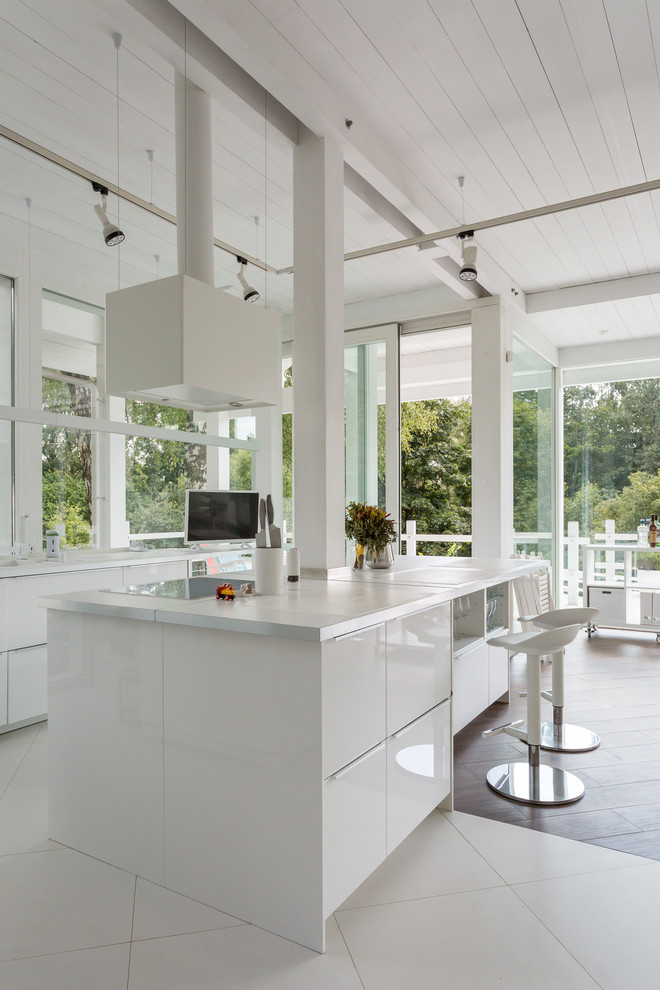 Стильный дизайн: кухня в скандинавском стиле с плоскими фасадами, белыми фасадами и островом - последний тренд