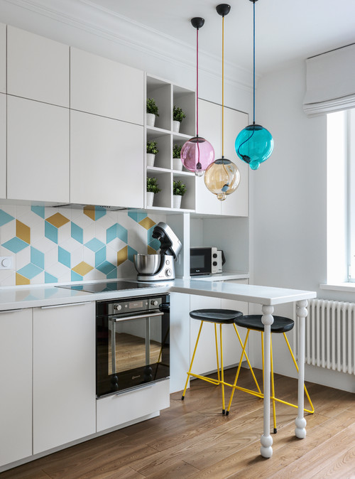 Multicolored Backsplash Tiles: Small Kitchen Ideas in White