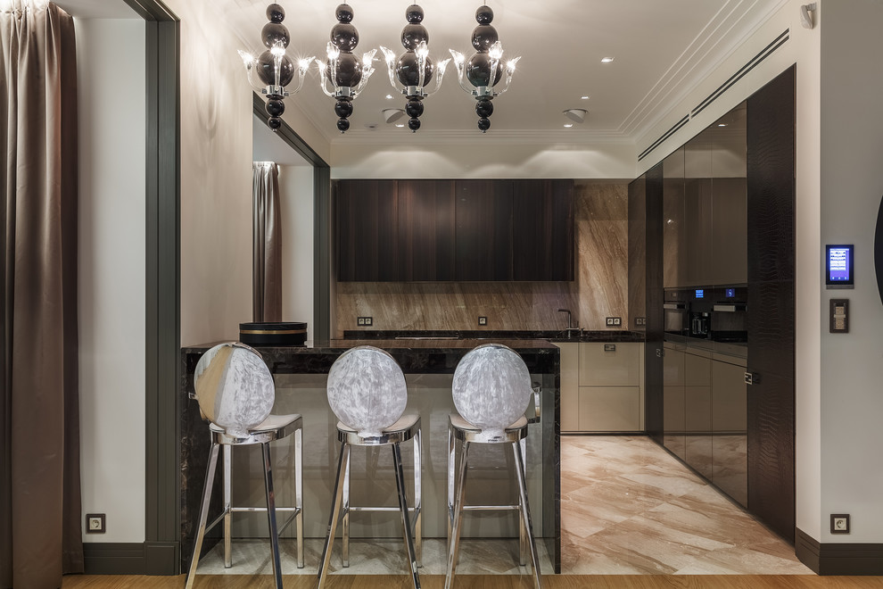 This is an example of a contemporary l-shaped kitchen/diner in Moscow with dark wood cabinets, marble worktops, beige splashback, marble splashback, integrated appliances, ceramic flooring, an island and beige floors.
