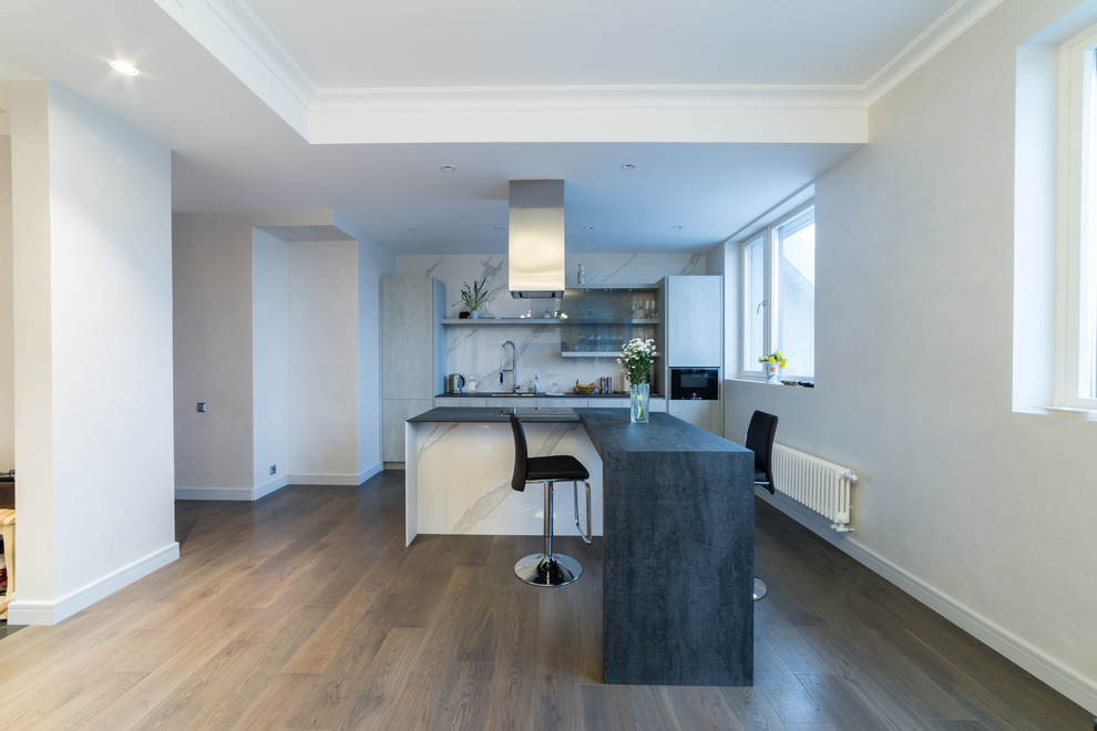 Ejemplo de cocina contemporánea grande con suelo de madera oscura y suelo marrón