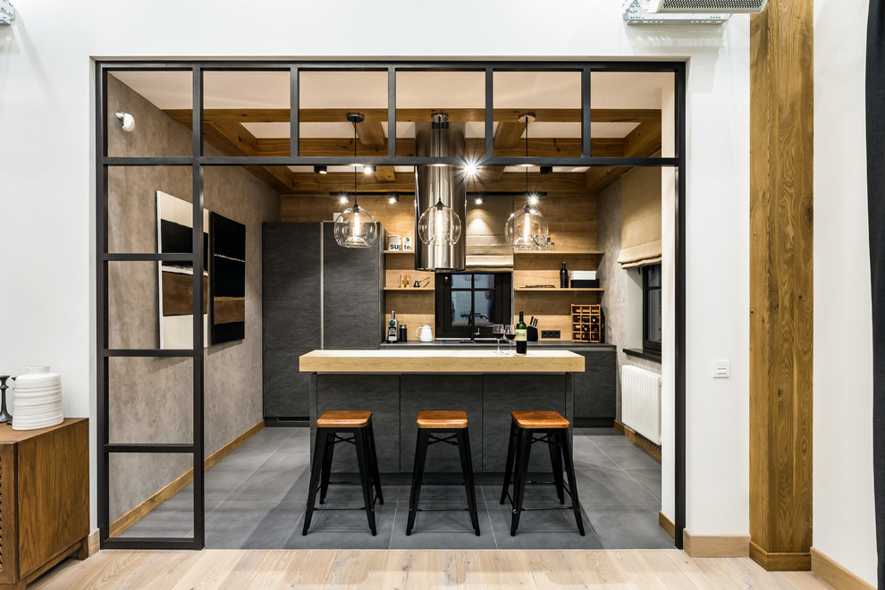 Eat-in kitchen - mid-sized contemporary single-wall porcelain tile and gray floor eat-in kitchen idea in Moscow with an integrated sink, flat-panel cabinets, gray cabinets, wood countertops, beige backsplash, wood backsplash, white appliances, an island and beige countertops