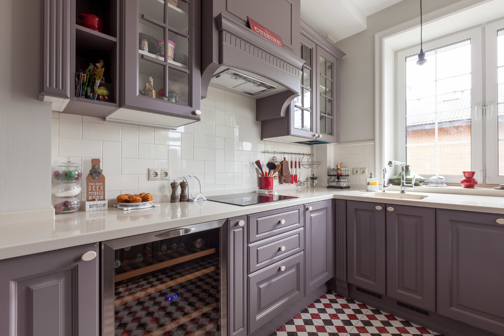 Inspiration for a large classic kitchen in Moscow with a submerged sink, composite countertops, white splashback, porcelain splashback, stainless steel appliances, ceramic flooring, no island, white worktops, raised-panel cabinets, purple cabinets and multi-coloured floors.