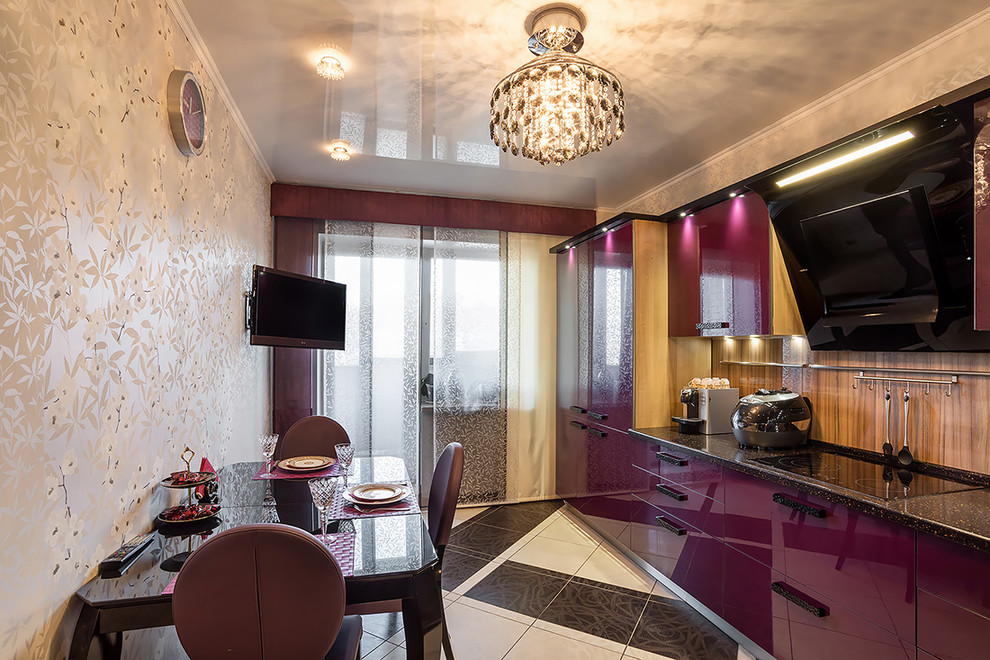 Design ideas for a medium sized contemporary single-wall kitchen/diner in Saint Petersburg with a built-in sink, flat-panel cabinets, purple cabinets, composite countertops, beige splashback, glass sheet splashback, black appliances, porcelain flooring and multi-coloured floors.