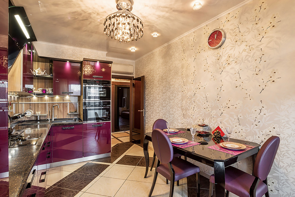 Example of a mid-sized trendy single-wall porcelain tile and multicolored floor eat-in kitchen design in Saint Petersburg with a drop-in sink, flat-panel cabinets, purple cabinets, solid surface countertops, beige backsplash, glass sheet backsplash and black appliances