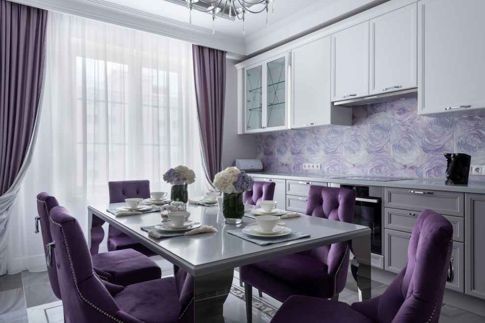 This is an example of a contemporary grey and purple kitchen/diner in Moscow with recessed-panel cabinets, grey cabinets, stainless steel appliances, no island, grey floors and grey worktops.