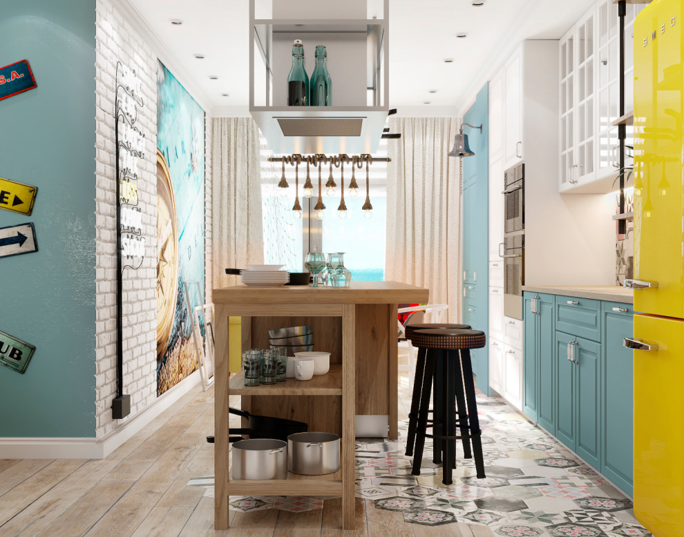 Design ideas for a coastal single-wall enclosed kitchen in Moscow with an island.