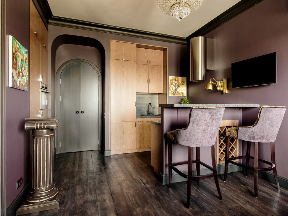 Example of a small eclectic painted wood floor and black floor kitchen design in Moscow with flat-panel cabinets, light wood cabinets and a peninsula