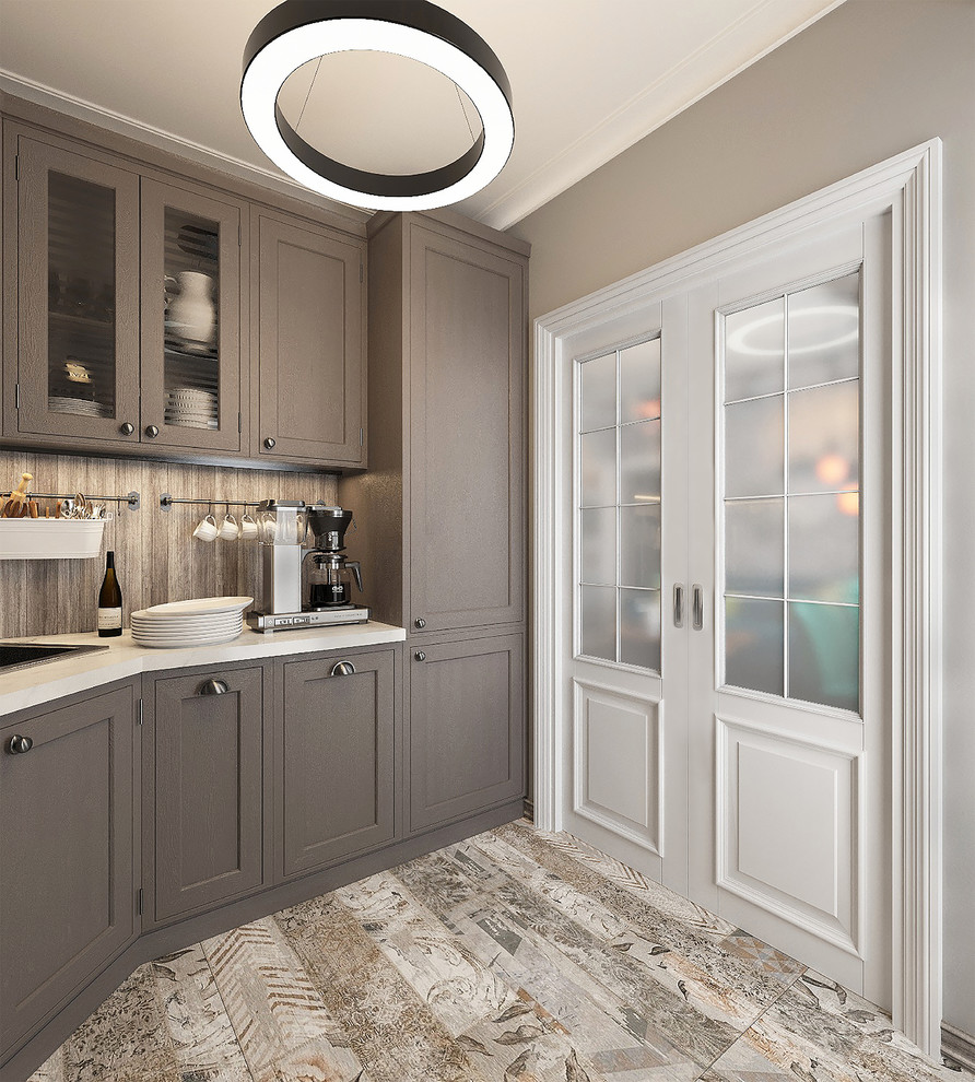 Enclosed kitchen - mid-sized industrial l-shaped porcelain tile and multicolored floor enclosed kitchen idea in Moscow with an undermount sink, medium tone wood cabinets, marble countertops, metal backsplash, black appliances, no island, white countertops, raised-panel cabinets and metallic backsplash