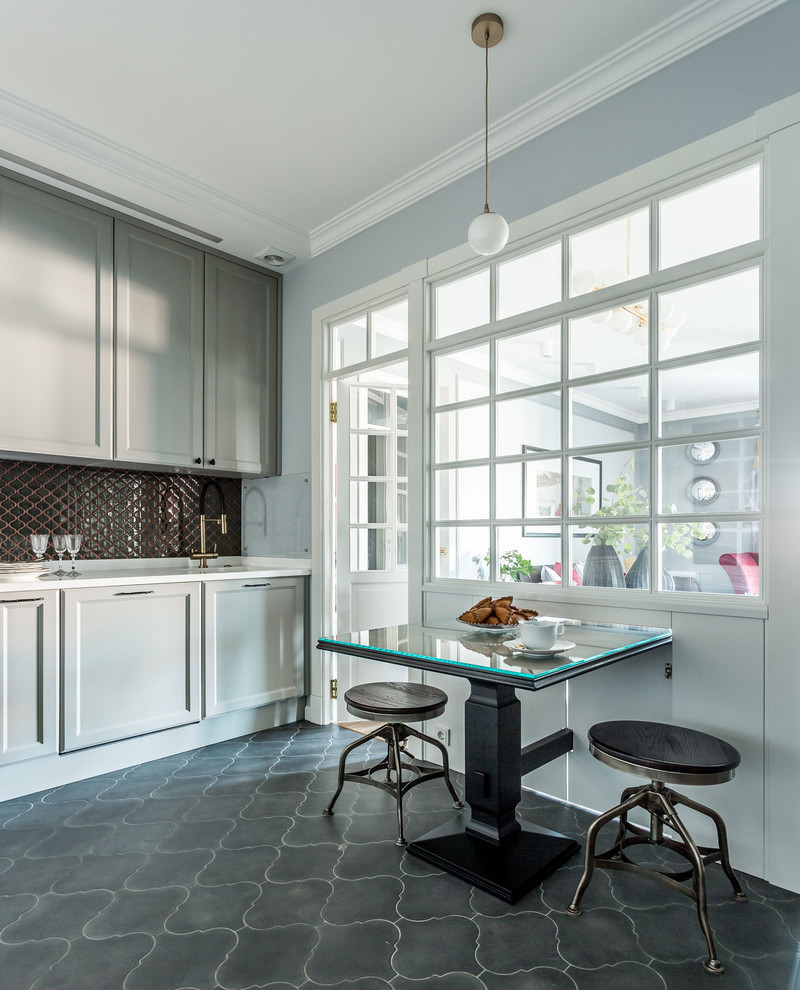 Classic single-wall enclosed kitchen in Toronto with recessed-panel cabinets, grey cabinets, brown splashback, no island, grey floors and white worktops.