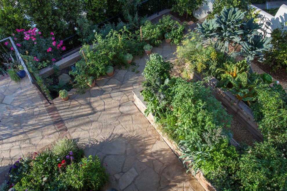 Idee per un giardino formale tradizionale esposto in pieno sole di medie dimensioni e in cortile in primavera con un giardino in vaso e pavimentazioni in pietra naturale