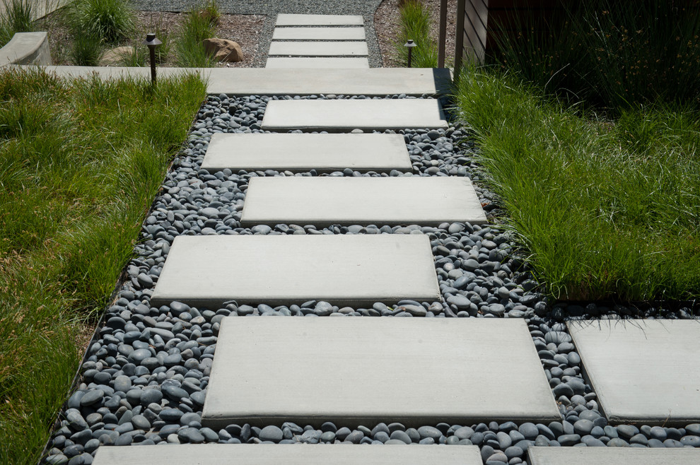 Design ideas for a modern drought-tolerant and partial sun backyard concrete paver garden path in Los Angeles.