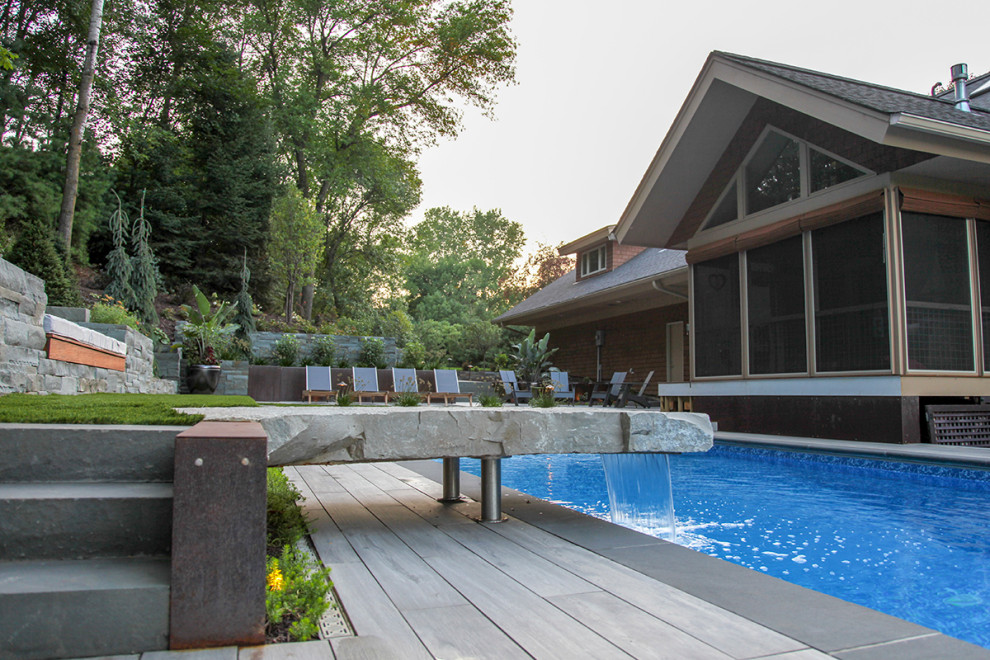 Inspiration for a transitional backyard waterfall in Minneapolis with decking.