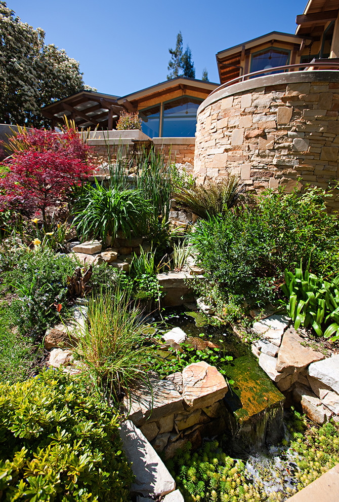 Inspiration för en mellanstor funkis trädgård i full sol framför huset, med en fontän och naturstensplattor