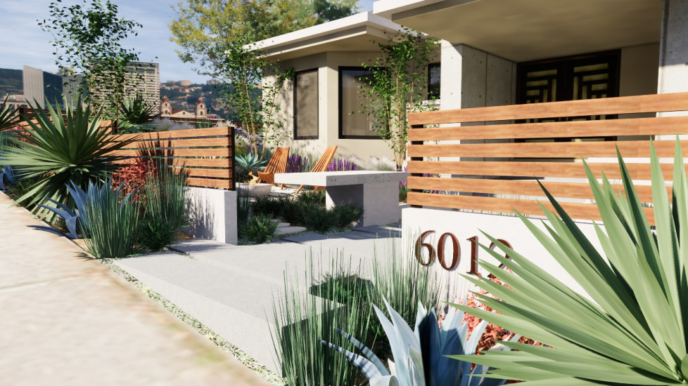 Kleiner Moderner Vorgarten im Frühling mit Wüstengarten, direkter Sonneneinstrahlung, Natursteinplatten und Holzzaun in Los Angeles