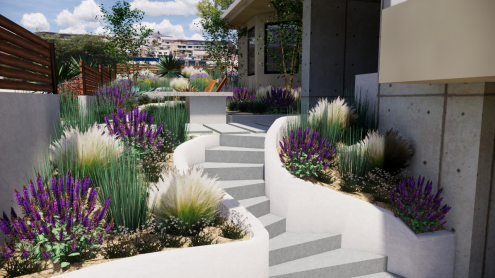 Idee per un piccolo giardino xeriscape mediterraneo esposto in pieno sole davanti casa in primavera con un ingresso o sentiero, pavimentazioni in cemento e recinzione in legno