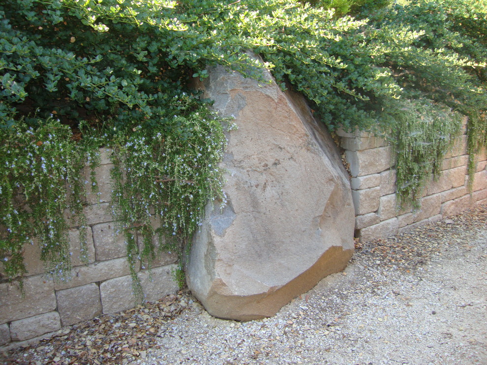 Idee per un giardino xeriscape tradizionale esposto a mezz'ombra di medie dimensioni e dietro casa in estate con un muro di contenimento e pavimentazioni in pietra naturale