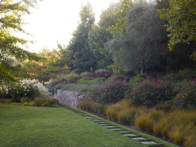 Expansive rustic side garden in San Francisco with a garden path and natural stone paving.